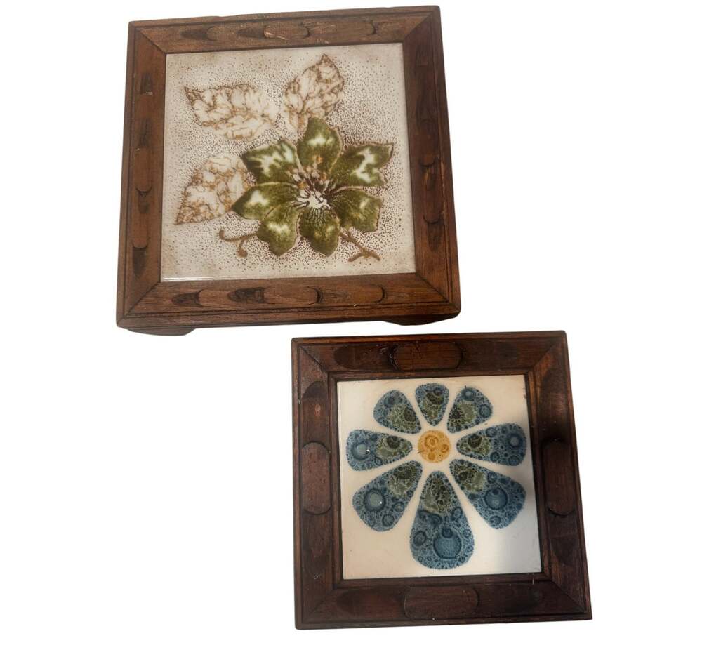 Vintage Framed Tile Trivet Set - Two Decorative Floral Ceramic Hot Pads
